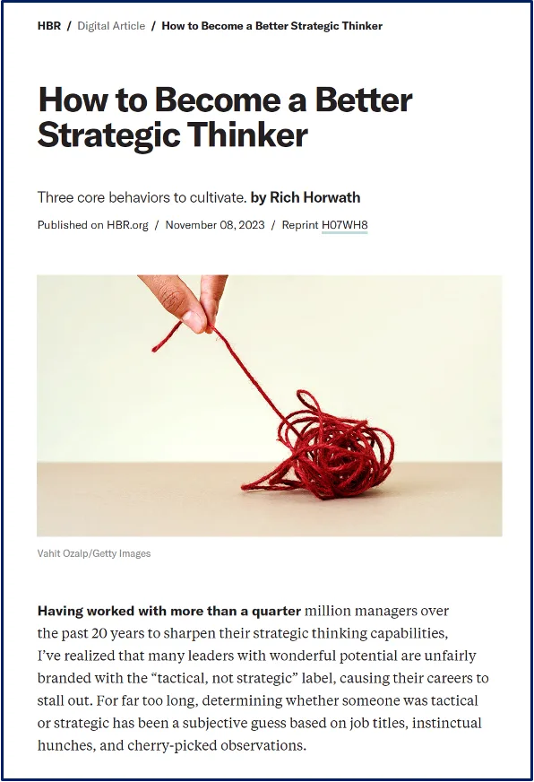 HBR article "How to Become a Better Strategic Thinker" by Rich Horwath, with a hand pulling thread from tangled yarn.