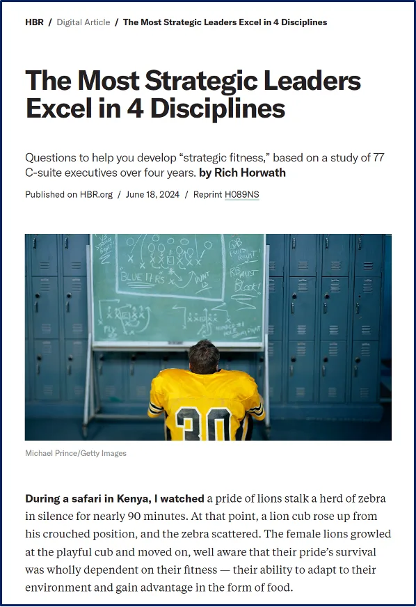 The Most Strategic Leaders Excel in 4 Disciplines" by Rich Horwath, with a player facing a chalkboard.